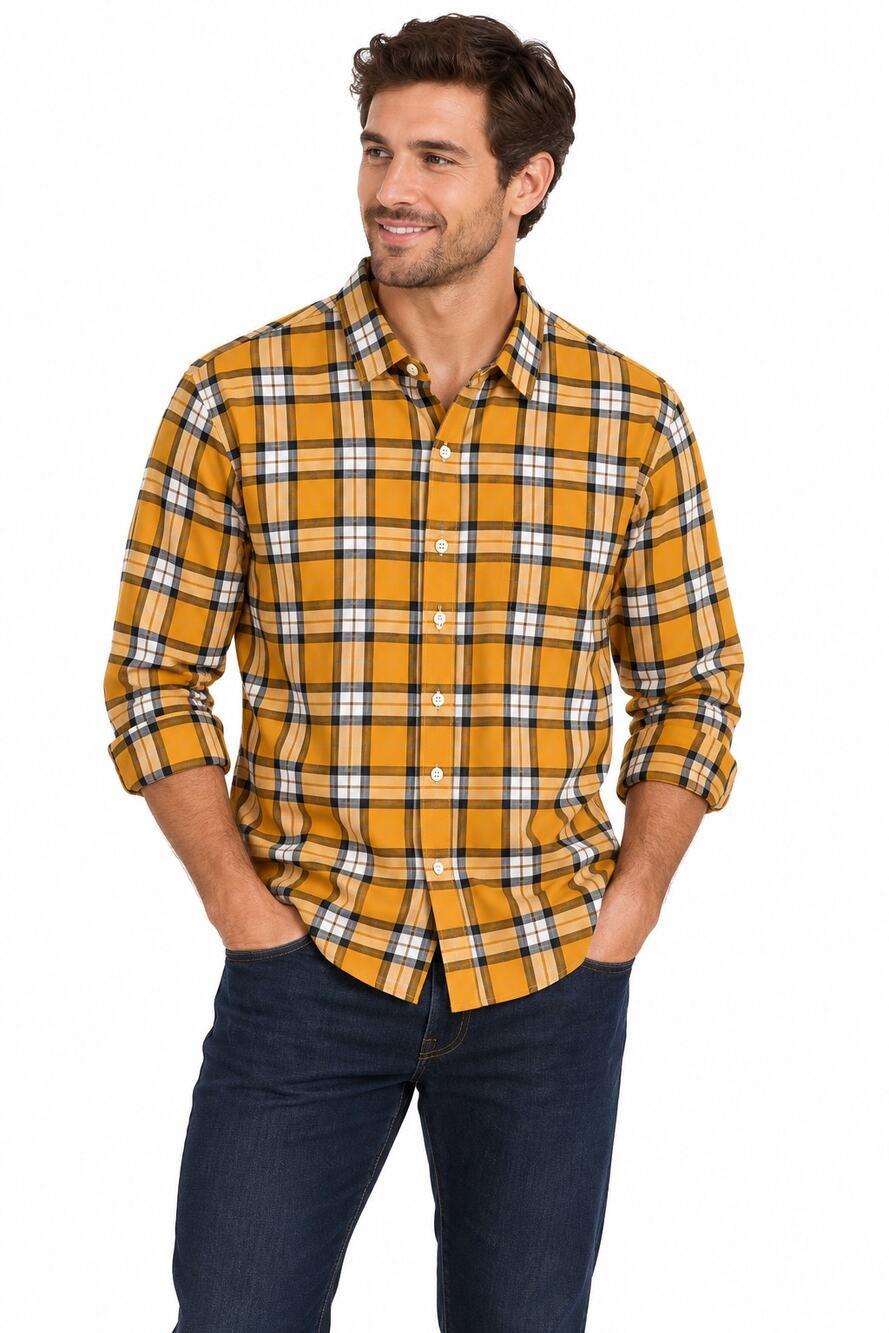 Club Room Mens Large Plaid Button Down Shirt Yellow Black Stretch Cotton Casual